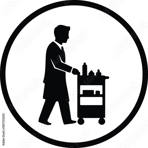 Illustration Hotel room service trolley and worker silhouette vector