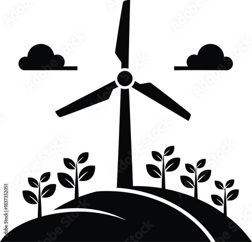 Simple black and white illustration of a wind turbine with landscape elements