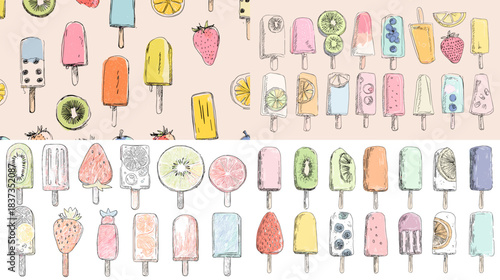 Playful illustration set of colorful popsicles with fruit slices and summer treats. Perfect for food packaging, summer designs, dessert artwork, kitchen prints, and bright seasonal graphics.