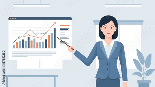 Businesswoman presenting financial growth charts and data analysis results during a professional office meeting