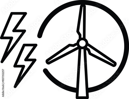 Hand drawn illustration combining a wind turbine and lightning bolt symbols for clean energy