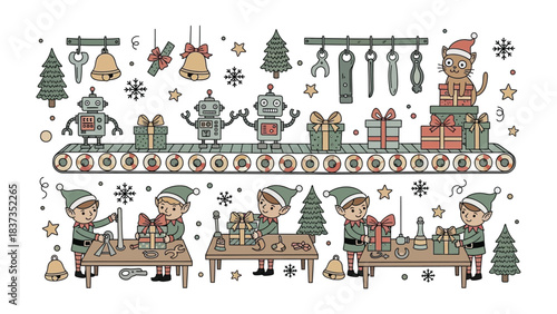 Christmas Factory: Whimsical illustrations capture the festive spirit of a Christmas factory, featuring elves busily crafting toys, robots on a conveyor belt, and gifts being prepared for delivery.
