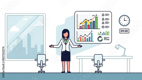 Businesswoman presenting growth charts and data analysis in a modern office setting at nine oclock