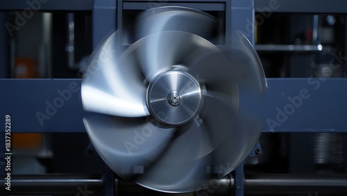 Spinning metal fan blades in industrial machinery with motion blur