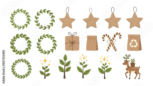 Festive Eco-friendly Design Elements: A charming collection of sustainable design elements, including wreaths, stars, gift boxes, and a candy cane.