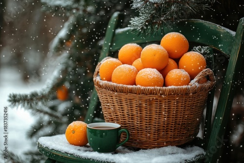 Tangerines and a green mug on chair. Citrus and winter decor.