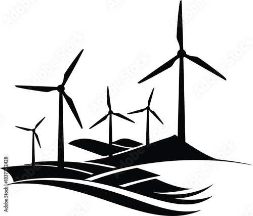 Hand drawn illustration of wind turbines and rolling hills in black and white