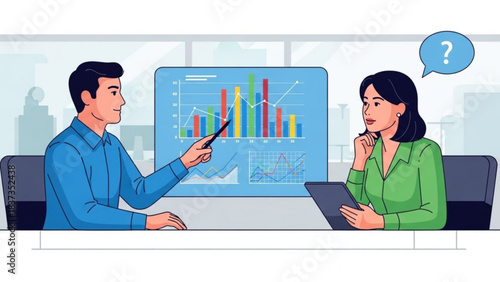 Business colleagues reviewing financial data charts and graphs during a professional presentation in an office setting