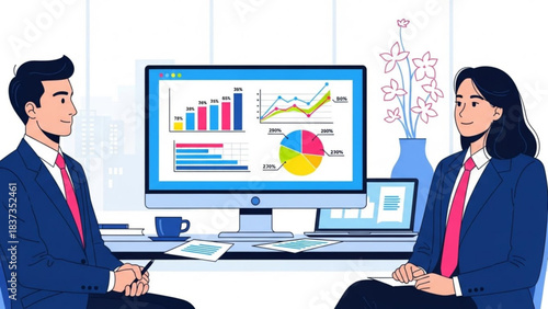 Business professionals reviewing complex financial data charts and graphs displayed on a large computer monitor