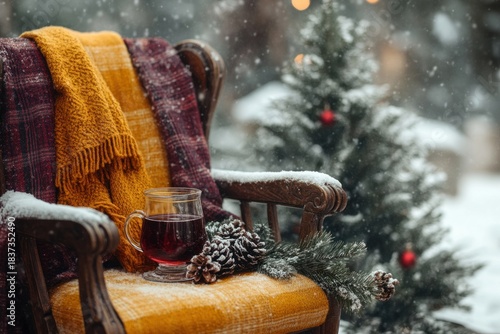 A glass of drink with pine cones and pine needles on chair. Winter composition in the snow.