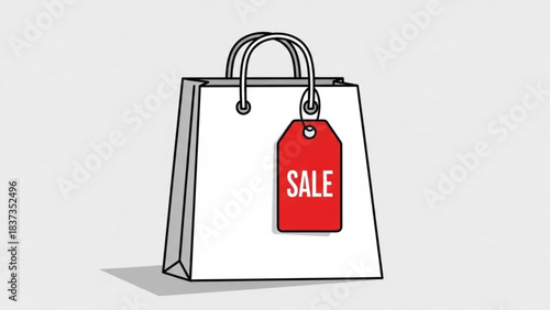 Simple white shopping bag with bright red sale tag hangs ready for retail promotion and consumer purchasing