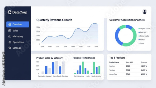 Modern data dashboard interface displaying quarterly revenue growth customer acquisition and product performance metrics