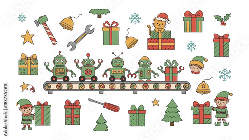 Robots And Presents Illustration: festive illustration showcasing cheerful robots, wrapped gifts, holiday elements, including elf and ornaments.