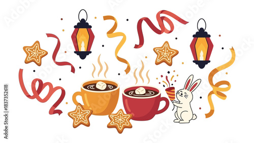 Warm Beverages & Celebratory Decorations: A cozy scene with two steaming mugs of hot chocolate, star-shaped cookies, lanterns, confetti, and a playful bunny, all set to celebrate a special occasion.