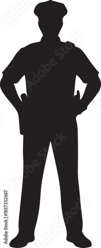 Police Officer Silhouette Isolated - Standing at Attention. Vector black silhouette. with white background