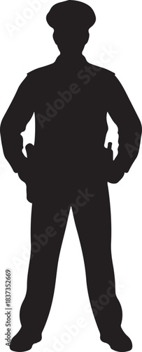 Police Officer Silhouette Isolated - Standing at Attention. Vector black silhouette. with white background