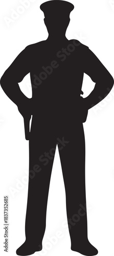Police Officer Silhouette Isolated - Standing at Attention. Vector black silhouette. with white background