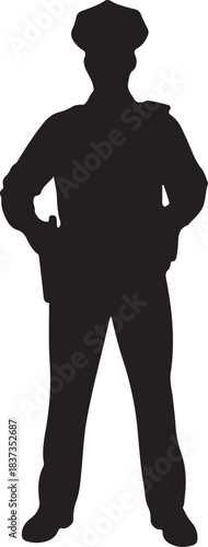 Police Officer Silhouette Isolated - Standing at Attention. Vector black silhouette. with white background
