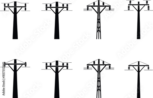 Utility pole and transmission tower silhouettes, power lines, insulators, electric grid, infrastructure diversity - flavector