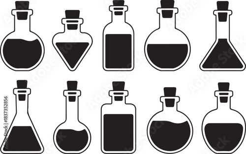 A collection of black silhouette illustrations of various potion bottles and vials with cork stoppers, some containing liquid. Vector black silhouette. with white background