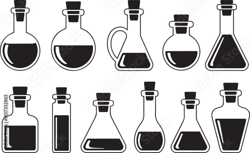 A collection of black silhouette illustrations of various potion bottles and vials with cork stoppers, some containing liquid. Vector black silhouette. with white background