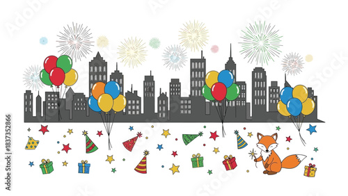 Celebratory Cityscape: A whimsical cityscape illustration adorned with balloons, fireworks, and a festive fox, perfectly capturing the spirit of celebration and joy.