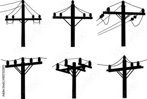 Utility pole silhouette collection, crossarms, insulators, power lines, electrical infrastructure, black illustration, grid structure, energy system – flavector