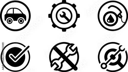 Automotive service icons displaying car repair maintenance and related automotive symbols