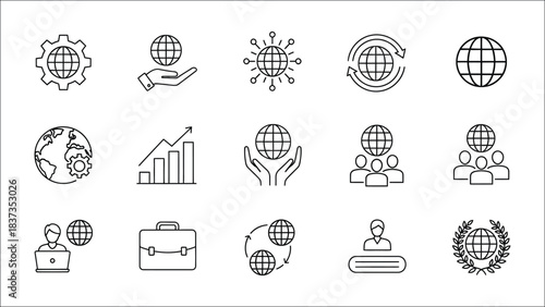 Collection of business and global icons in line style on