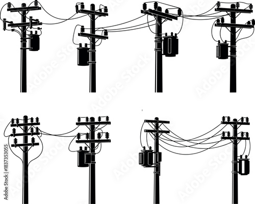 Utility pole silhouette collection, transformers, insulators, power lines, electrical grid, black illustration, infrastructure layout, energy system – flavector