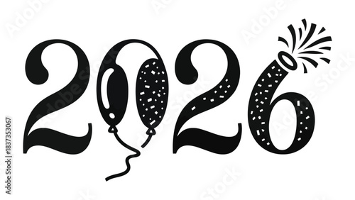 New Year's Eve: Celebrating the upcoming year, a stylized '2026' in a festive graphic arrangement, complete with festive balloon and celebratory fireworks element.