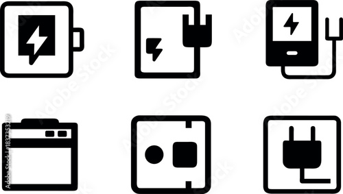 Various charging icons and power plug illustrations displayed in a simple black and white style