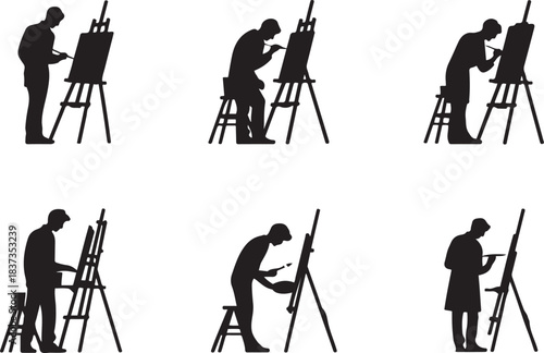 Silhouette Set of Male Artist Painting at Easel – Vector Illustration Collection. with white background