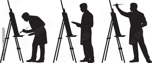 Silhouette Set of Male Artist Painting at Easel – Vector Illustration Collection. with white background