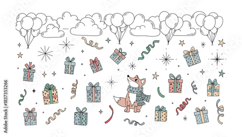 Festive Fox Celebration: A charming fox is in a festive environment, surrounded by gifts, balloons, confetti and sparkles, creating a delightful scene. 