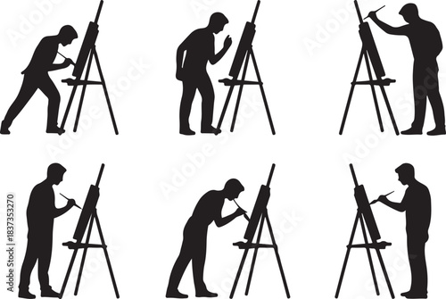 Silhouette Set of Male Artist Painting at Easel – Vector Illustration Collection. with white background