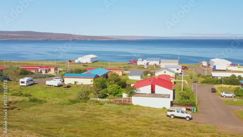 Panoramic view of small town of Bakkafjorður, Atlantic coast, north east Iceland