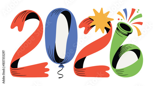 2026 Celebration: A vibrant visual celebration design of the year 2026, composed of colorful ribbons and celebratory elements, perfect for marking the occasion.
