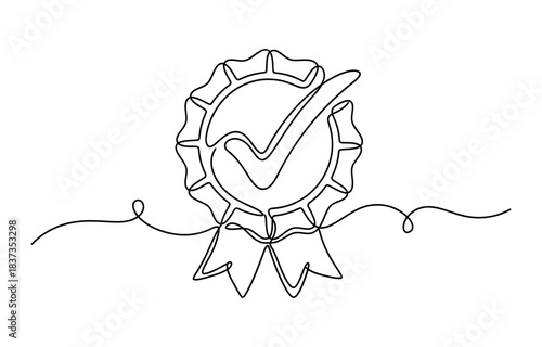 Award badge continuous line art drawn. Approval check sign. Certificate contour line isolated on transparent background
