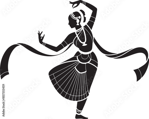 Silhouette of a graceful Indian classical dancer in a poised pose. Vector black silhouette. with white background
