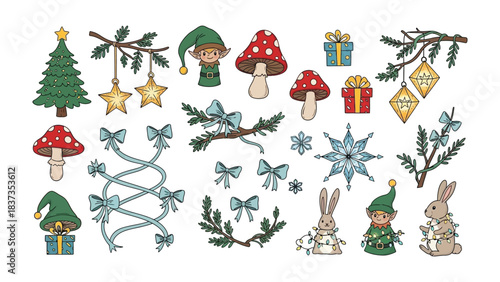 Whimsical Christmas Illustrations: A delightful array of festive illustrations, with elements of charm and merriment, create a visually engaging scene. The image showcases the holiday spirit.