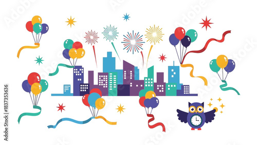 Festive Cityscape Celebration: A whimsical illustration depicts a city skyline adorned with colorful balloons, fireworks, and an owl, celebrating a special occasion.