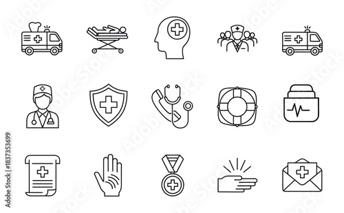 Medical and emergency icons set including ambulance and hospital symbols