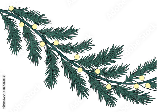 Illustrated dark green fir branch with glowing yellow Christmas lights