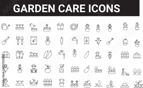 Gardening tools and equipment vector set.  Includes icons for plant, flower, watering can, shovel, pot, tree, seeds, gloves, lawn mower, and sunlight.