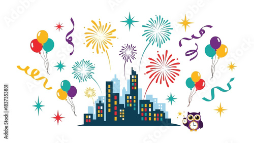Fireworks Festival: Vibrant fireworks burst over a stylized cityscape, creating a festive atmosphere with celebratory elements. The whimsical design includes balloons, streamers, and stars.