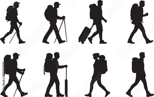 A collection of six walking people with backpacks, presented in a stark black silhouette style. Vector black silhouette. with white background