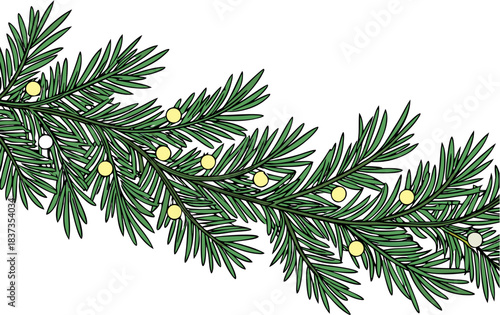 Festive stylized evergreen Christmas garland illustration with bright yellow and white round lights, decorative border element.