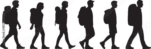 A collection of six walking people with backpacks, presented in a stark black silhouette style. Vector black silhouette. with white background
