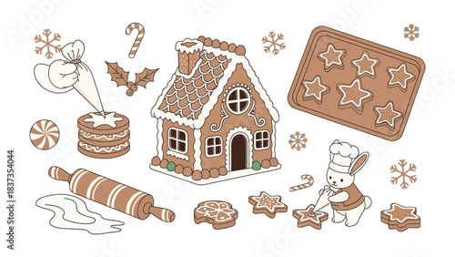 Gingerbread Delights: A whimsical ensemble of handcrafted gingerbread elements, from intricately designed houses to festive star-shaped cookies. Evoking warmth, tradition.